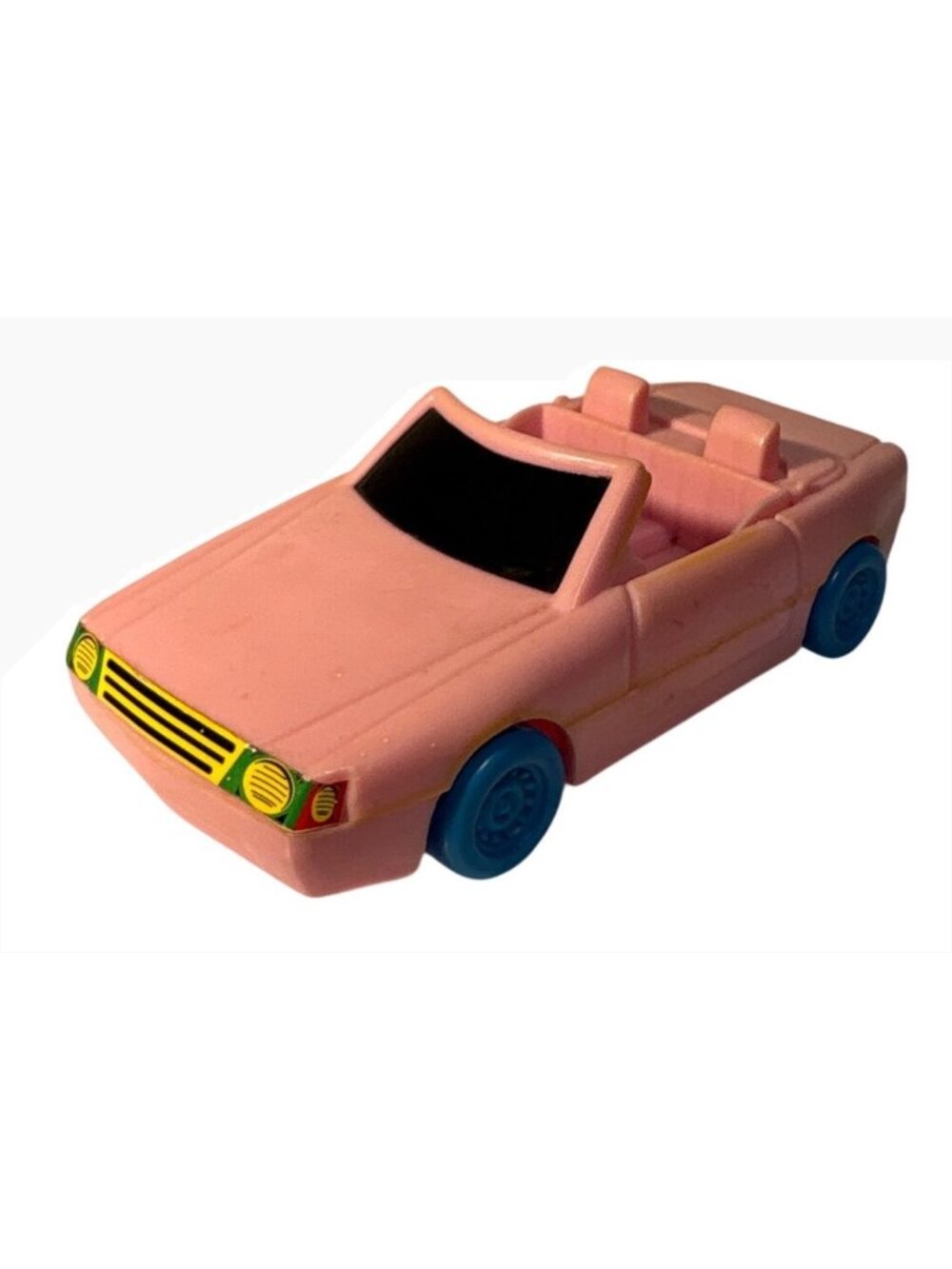 Pink Convertible Toy Car With Blue Wheels Black Windshield Plastic 4 Inches Long